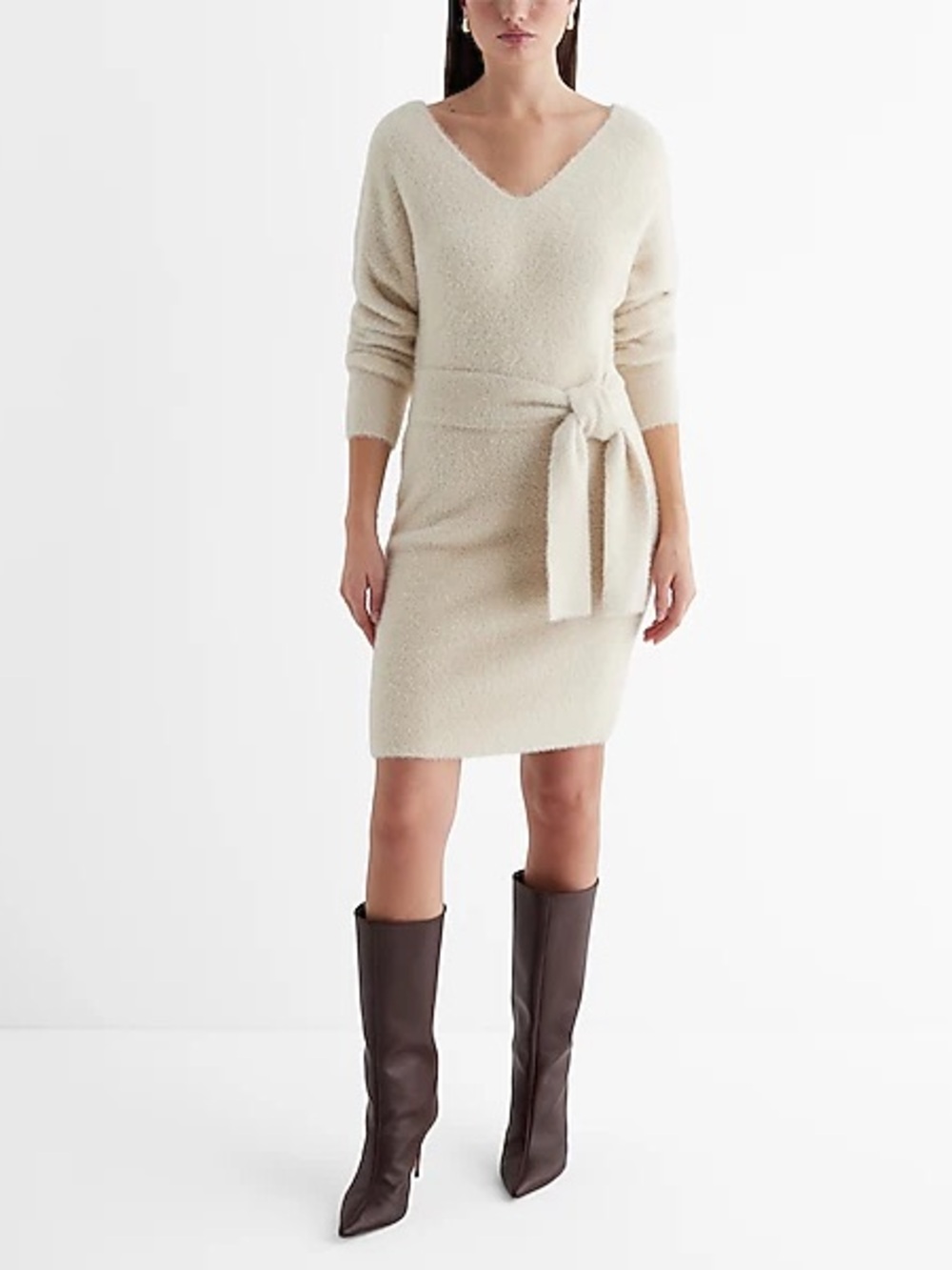 Express V-Neck Cream Knit Belted Sweater Dress
